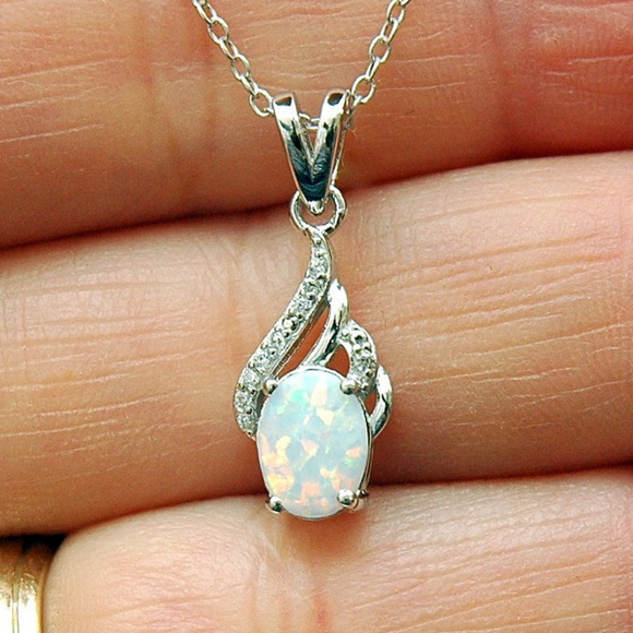 Jewelry - White Opal Pendant Necklace with Pave CZ